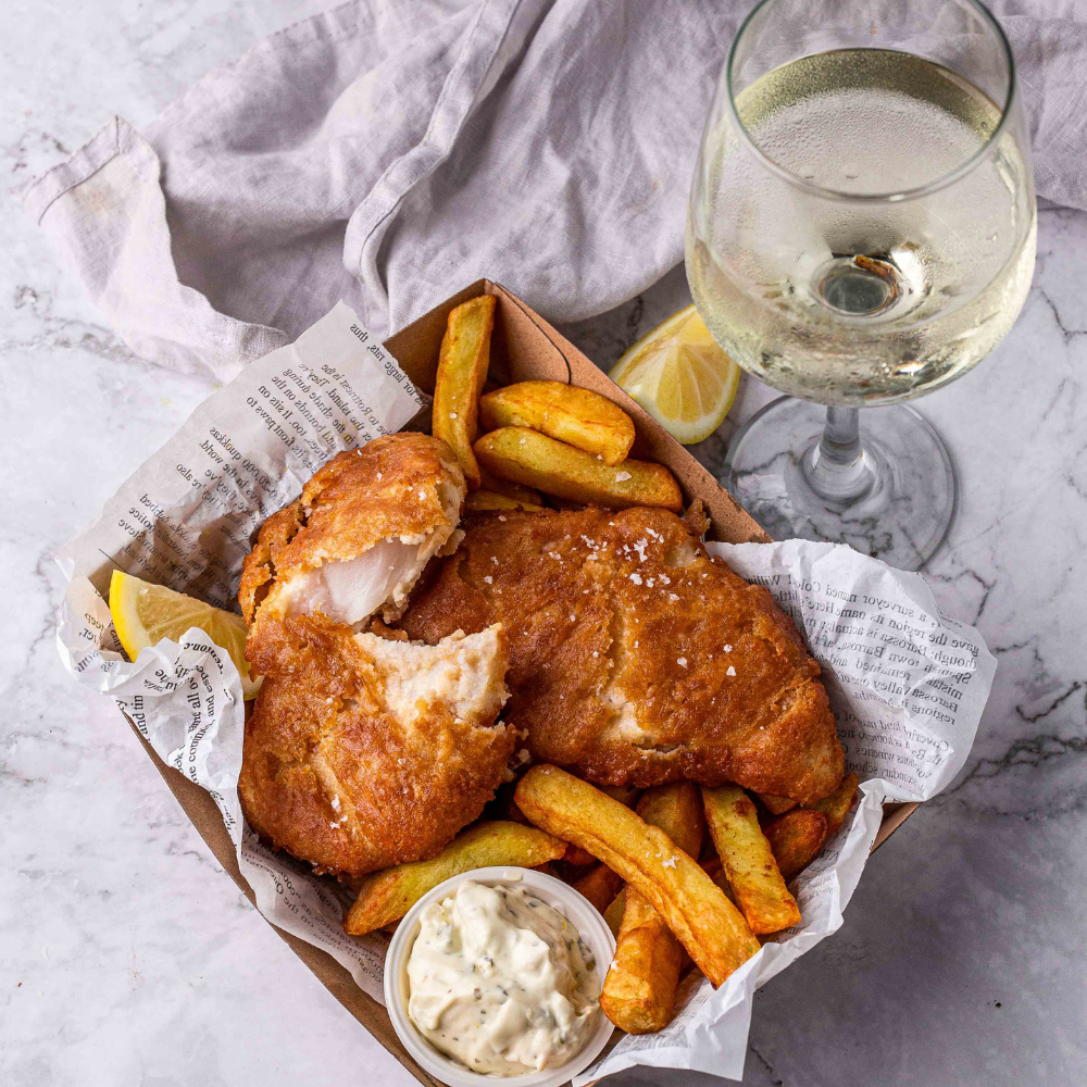 Crispy Beer Battered Fish & Chips Pure Coastal Wines